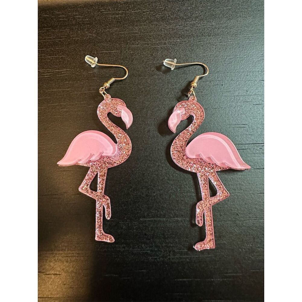 Pink Flamingo Dangle Earrings - Sparkle Resin Flamingo Earrings